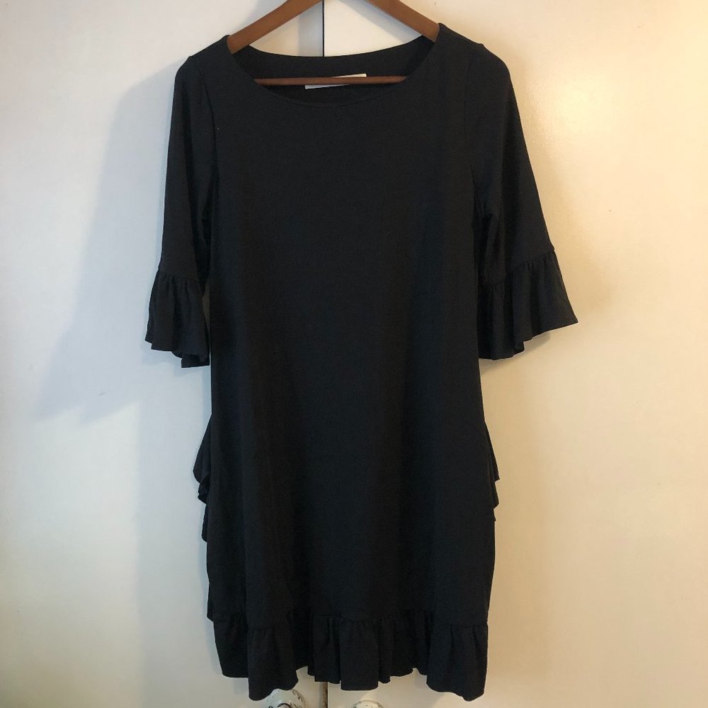 EUC Susana Monaco SMALL Black Nylon Spandex Long Bell Sleeve Ruffle Dress B69